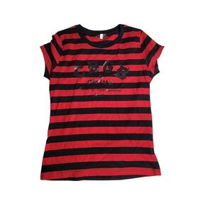 CBGB OMFUG Red Black Striped Graphic Tee Punk Rock Music T-Shirt Small